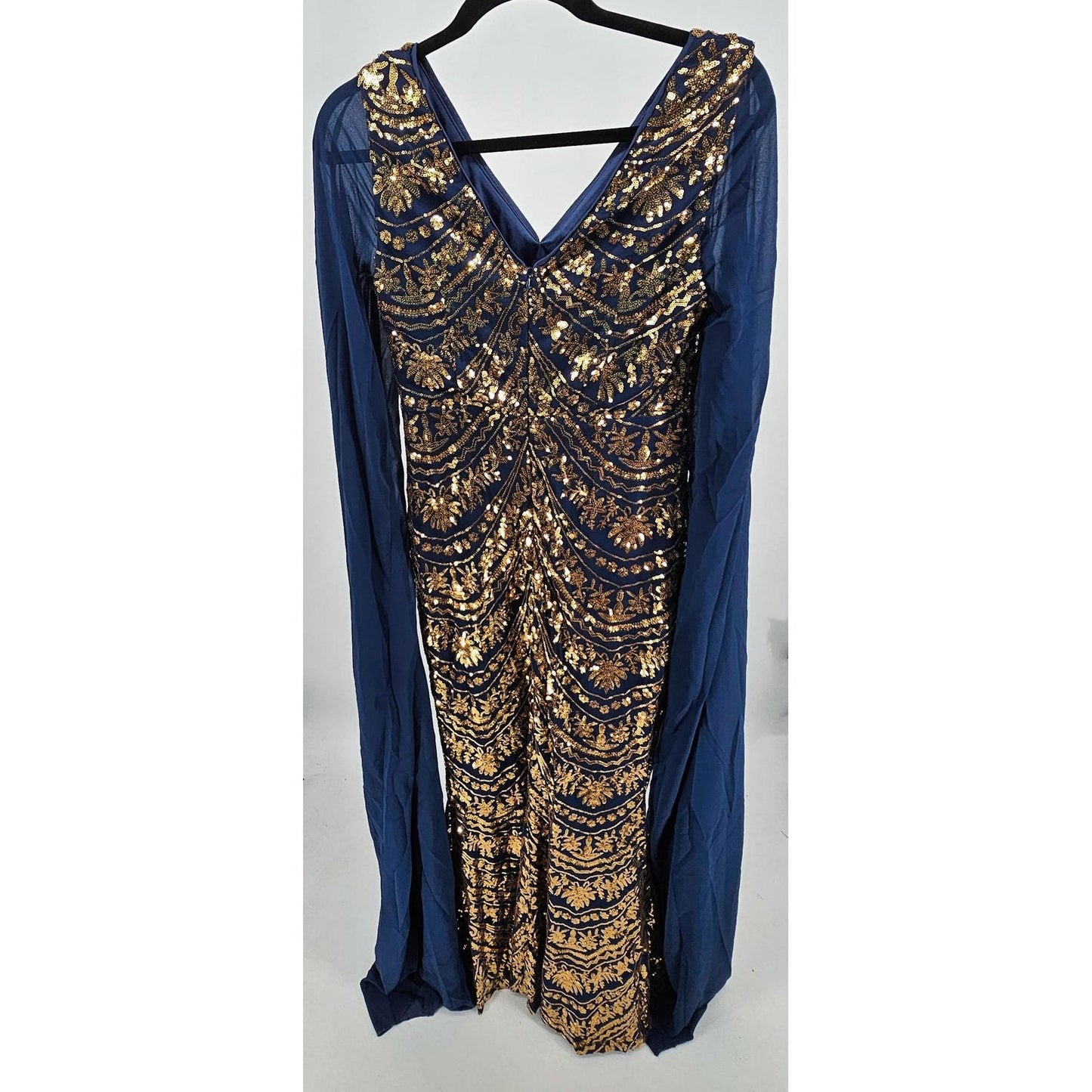 Faeriestyle Glamorous Navy Blue and Gold Embroidered Long Sleeve Dress/L