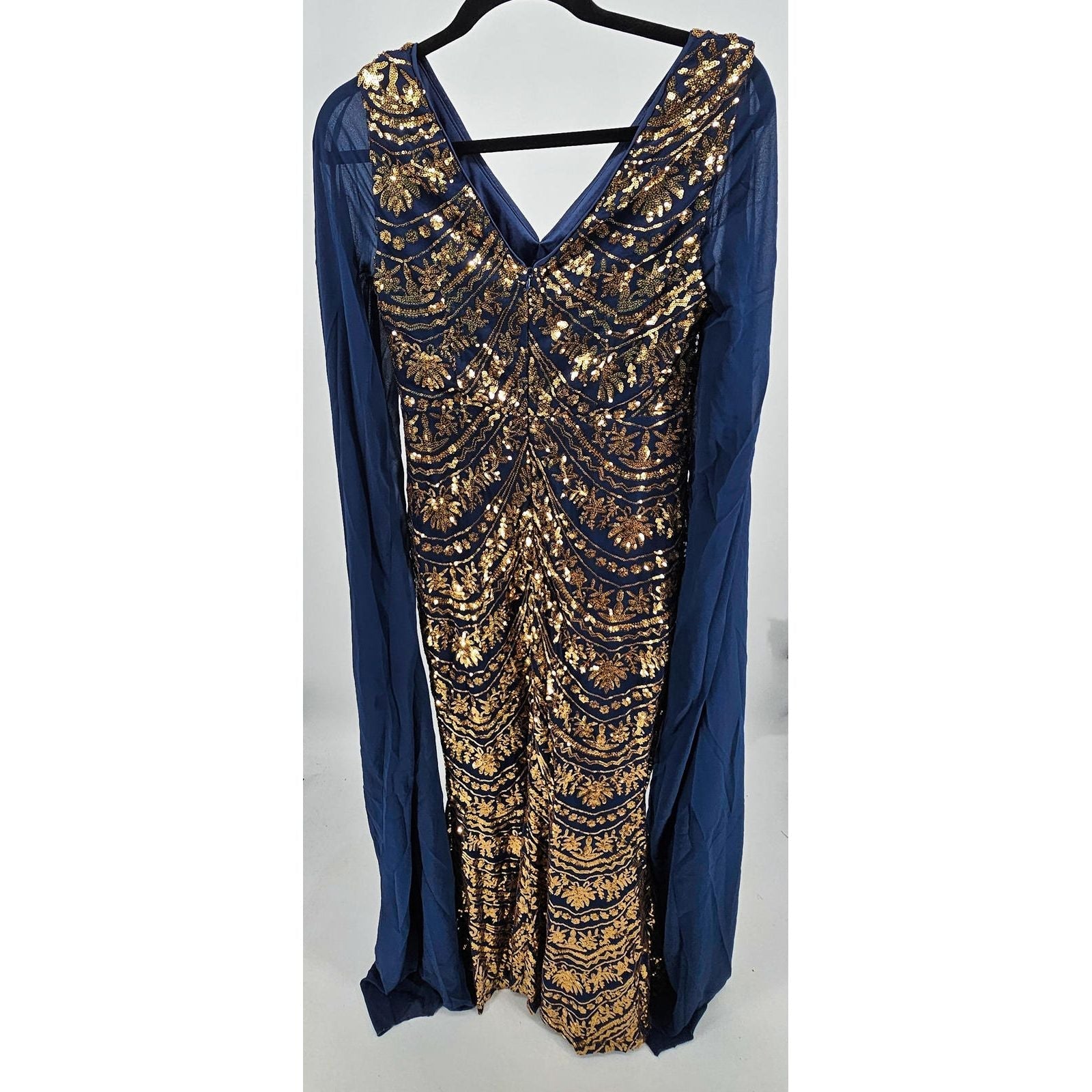 Faeriestyle Glamorous Navy Blue and Gold Embroidered Long Sleeve Dress/L