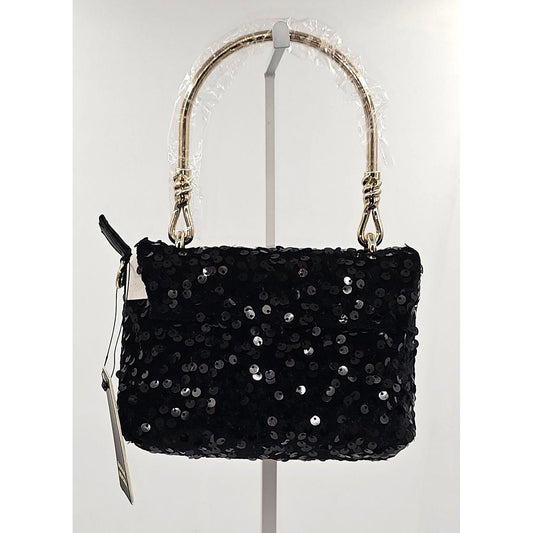 Badgley Mischka Sparkly Black Sequin Shoulder Bag with Chic Gold Handle