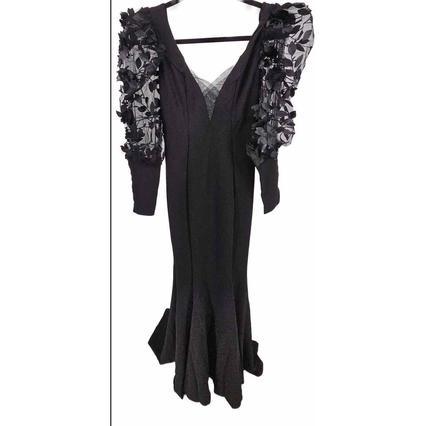 Gothic Glam Long Sleeve Dress with Floral Mesh Puff Sleeves
