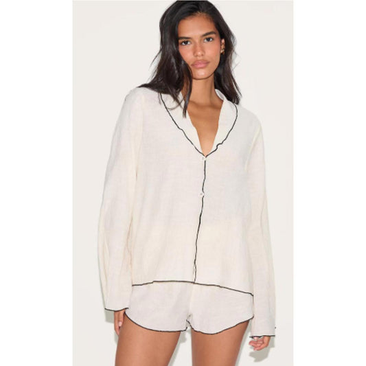 Prettylittlething Sand Linent Look Textured Contrast Trim Floaty Shorts