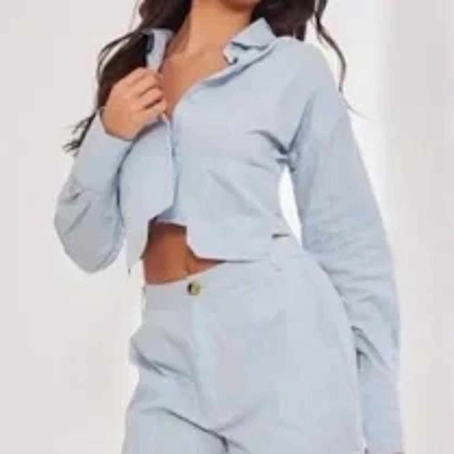 Prettylittlething Bue Poplin Pinstripe Pocket Detail Cropped Shirt/10