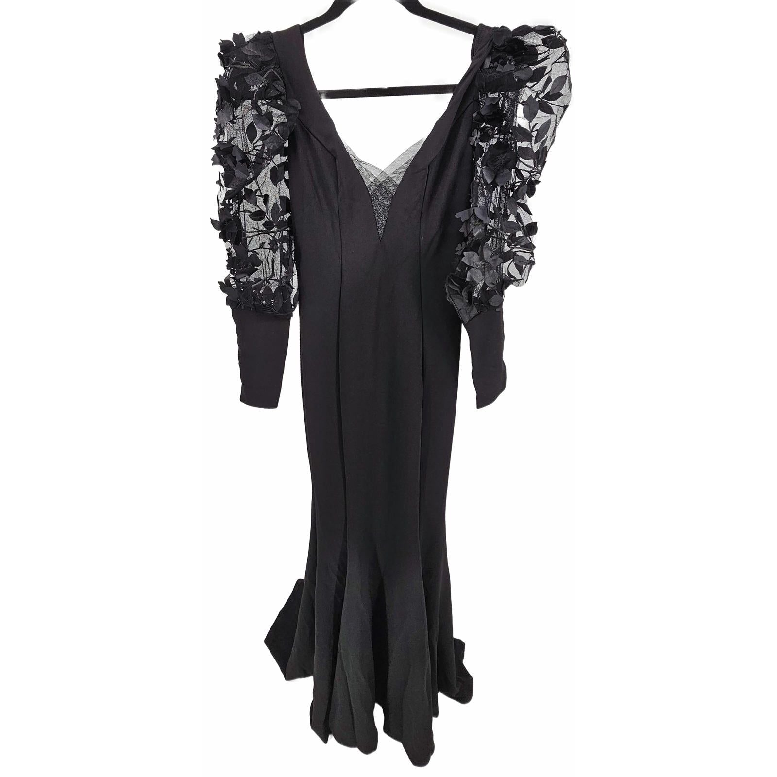 Faeriestyle Gothic Glam Black Long Sleeve Dress with Floral Mesh Puff Sleeves/XS