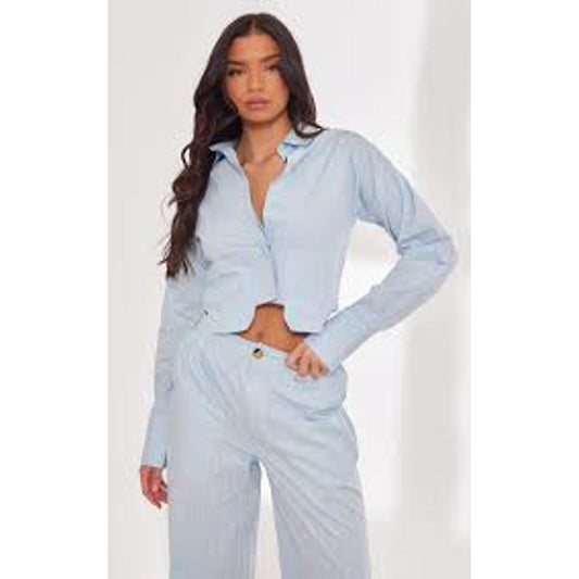 Prettylittlething Bue Poplin Pinstripe Pocket Detail Cropped Shirt/10