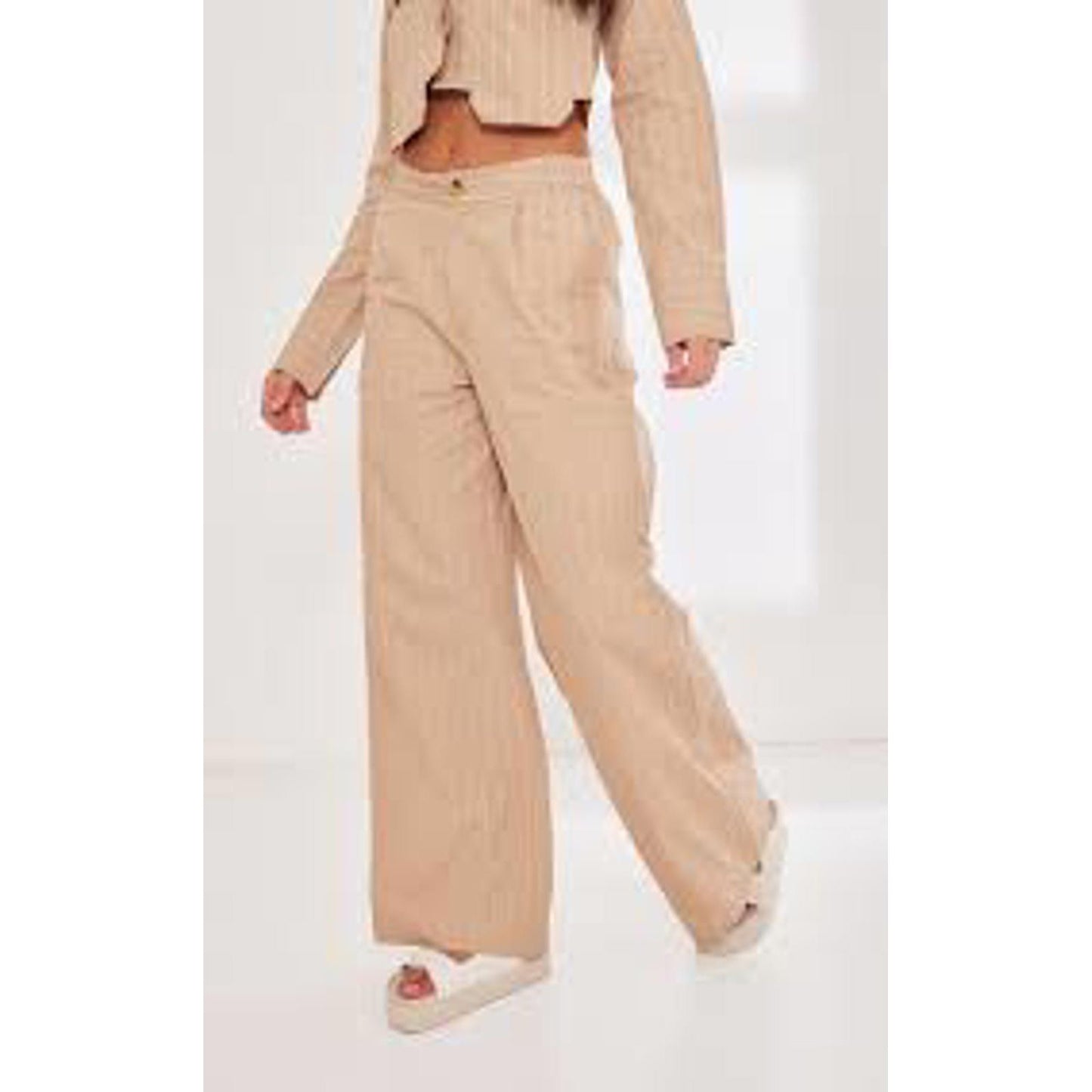 Prettylittlething Stone Peplin Tailered Wide Leg Trousers/12
