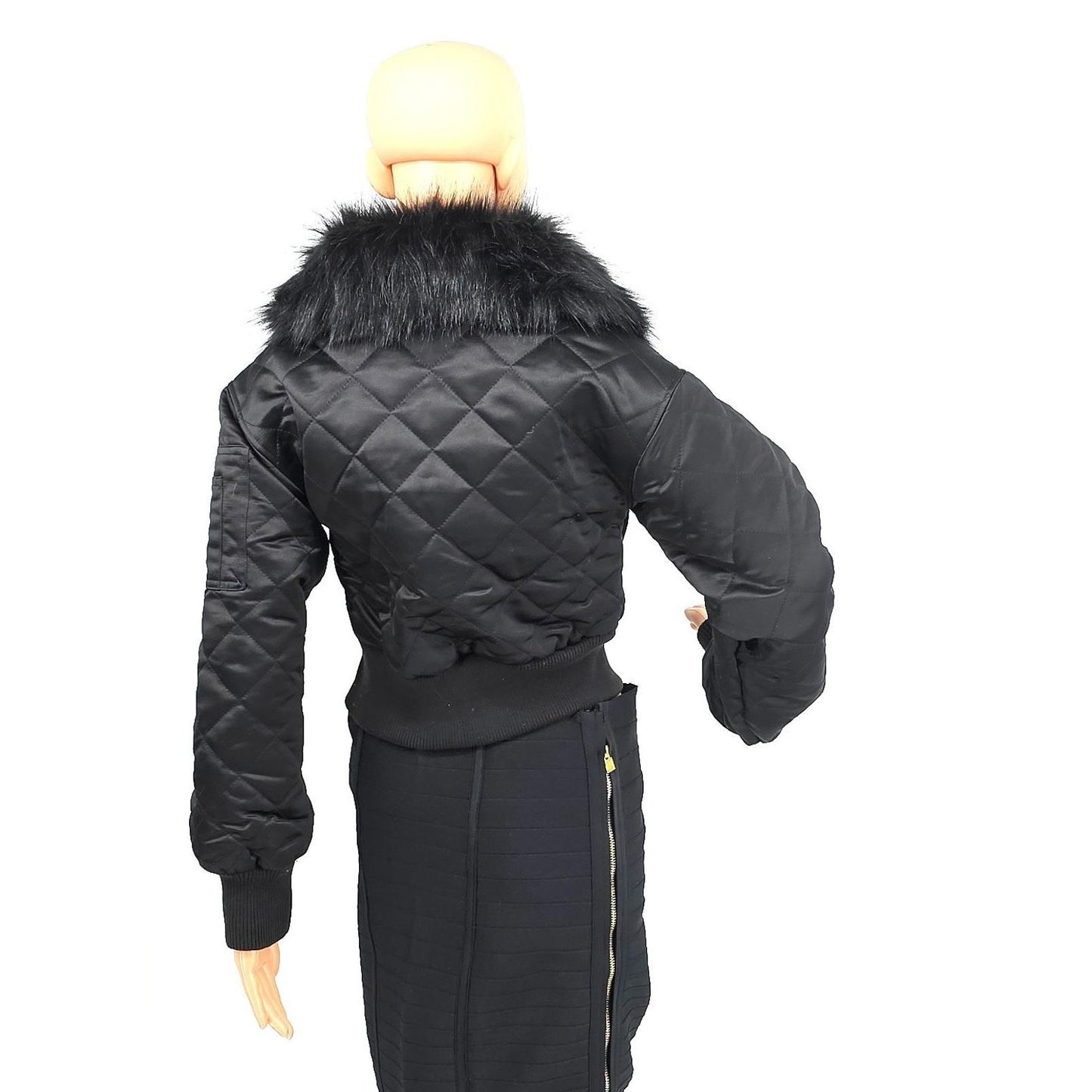 Juicy Couture Aviator Black Quilted Bomber Jacket with Faux Fur Collar/XS