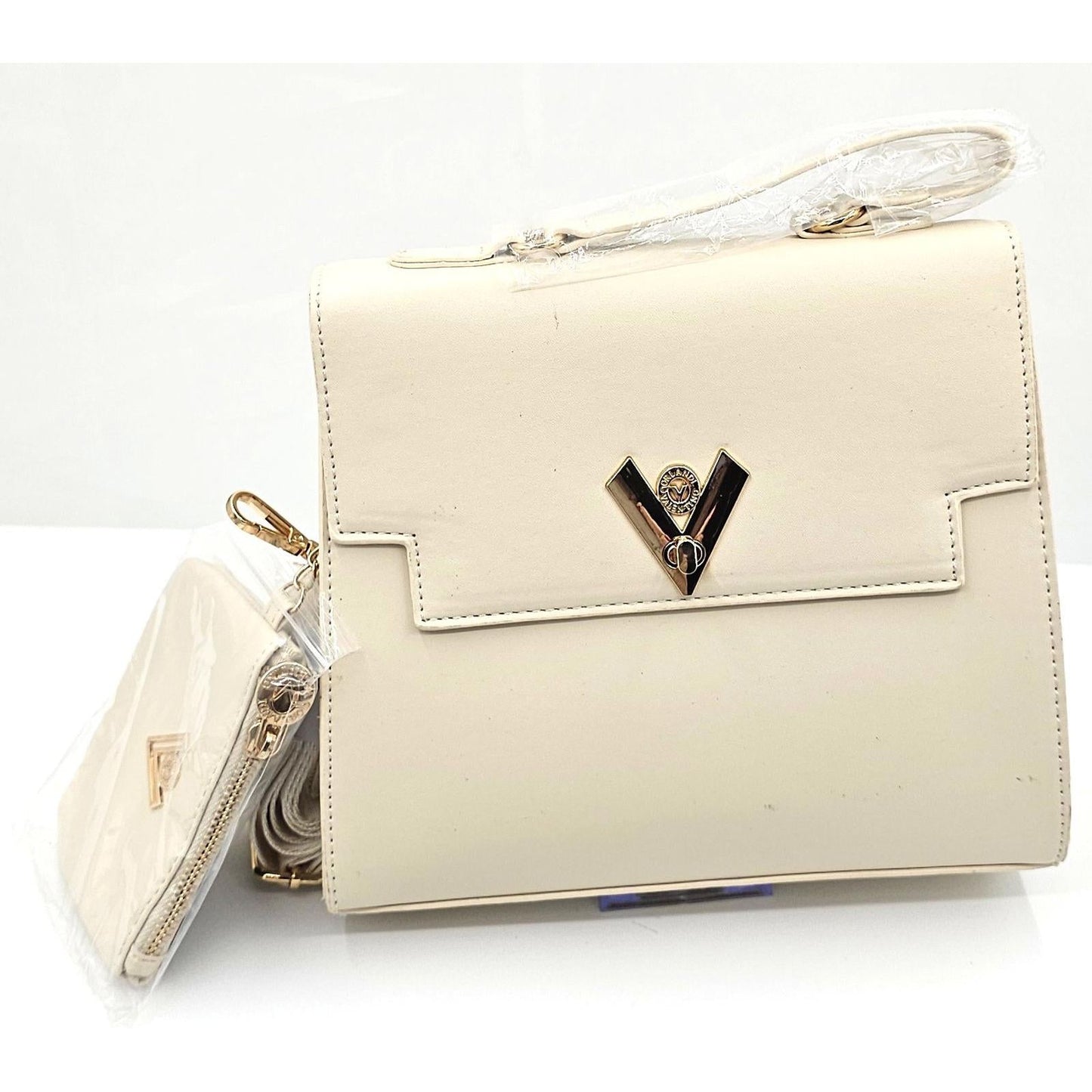 Valentino Orlandi Chic Cream V-Logo Satchel with Bonus Mini Pouch