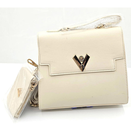 Valentino Orlandi Chic Cream V-Logo Satchel with Bonus Mini Pouch