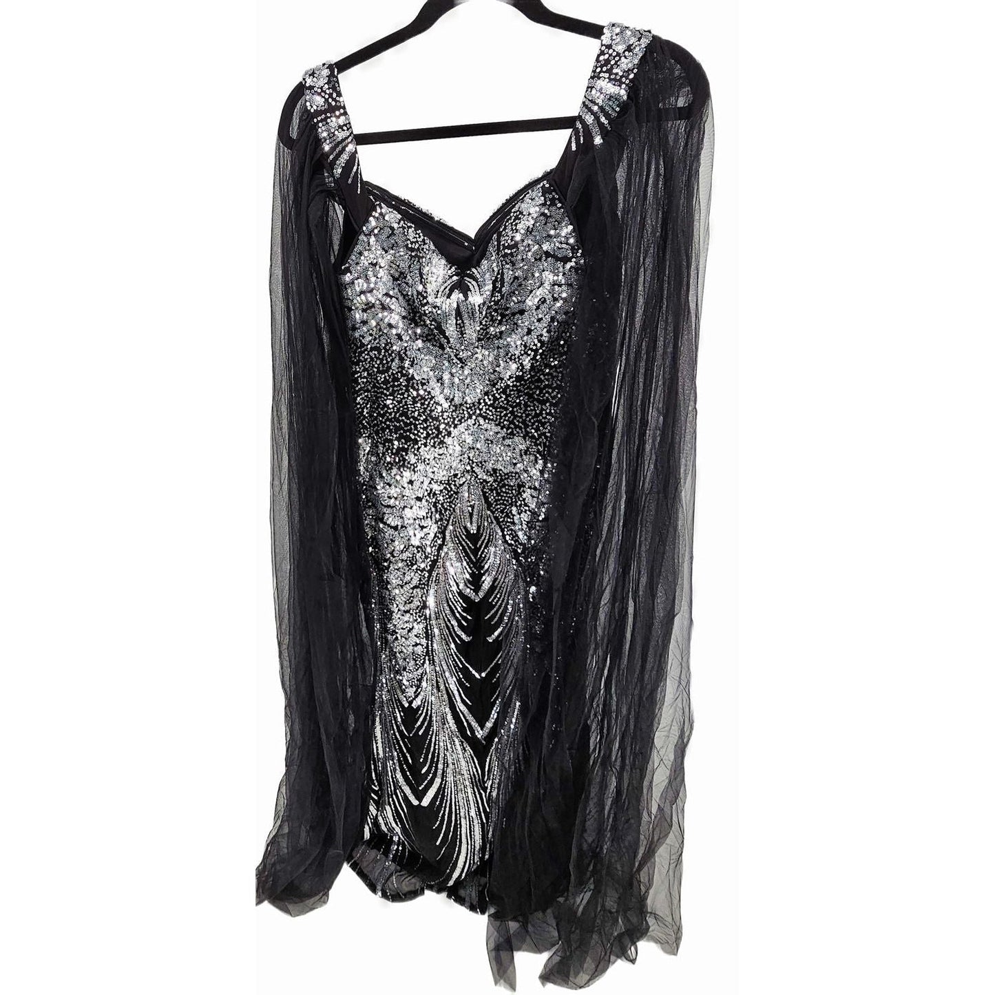 Faeriestyle Sequined Black Evening Dress with Dramatic Sheer Sleeves/XL