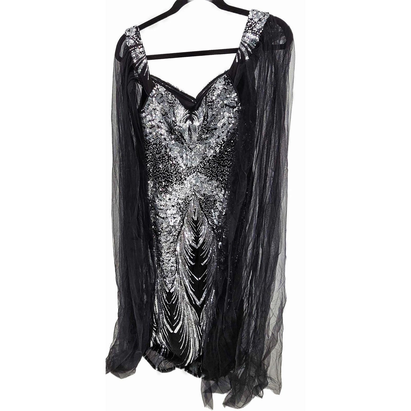 Faeriestyle Sequined Black Evening Dress with Dramatic Sheer Sleeves/XL