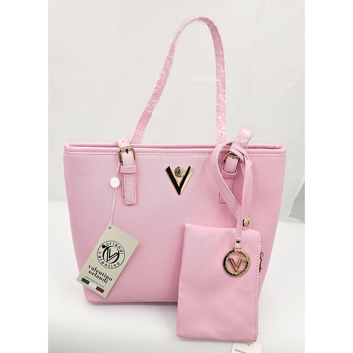 Chic Pink Valentino Gianni Tote Bag with Matching Pouch - Carry Your Essentials,