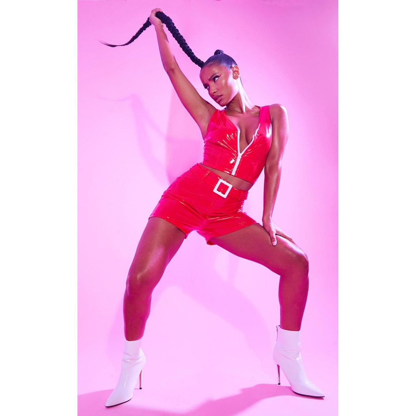 Prettylittlething Red Vinyl Belted Waist Shorts/8