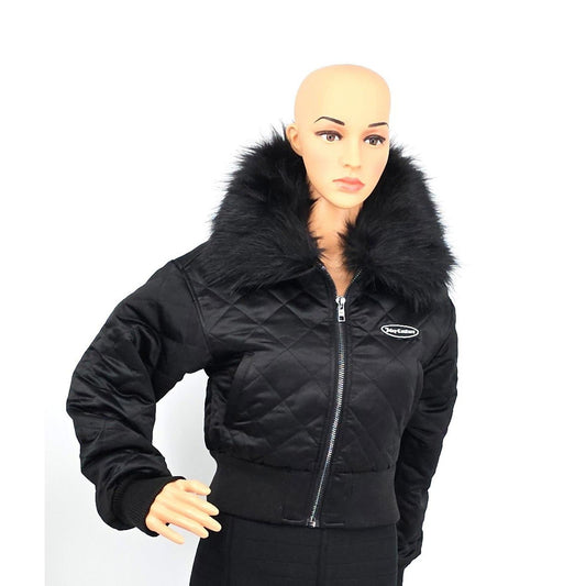 Juicy Couture Aviator Black Quilted Bomber Jacket with Faux Fur Collar/XS