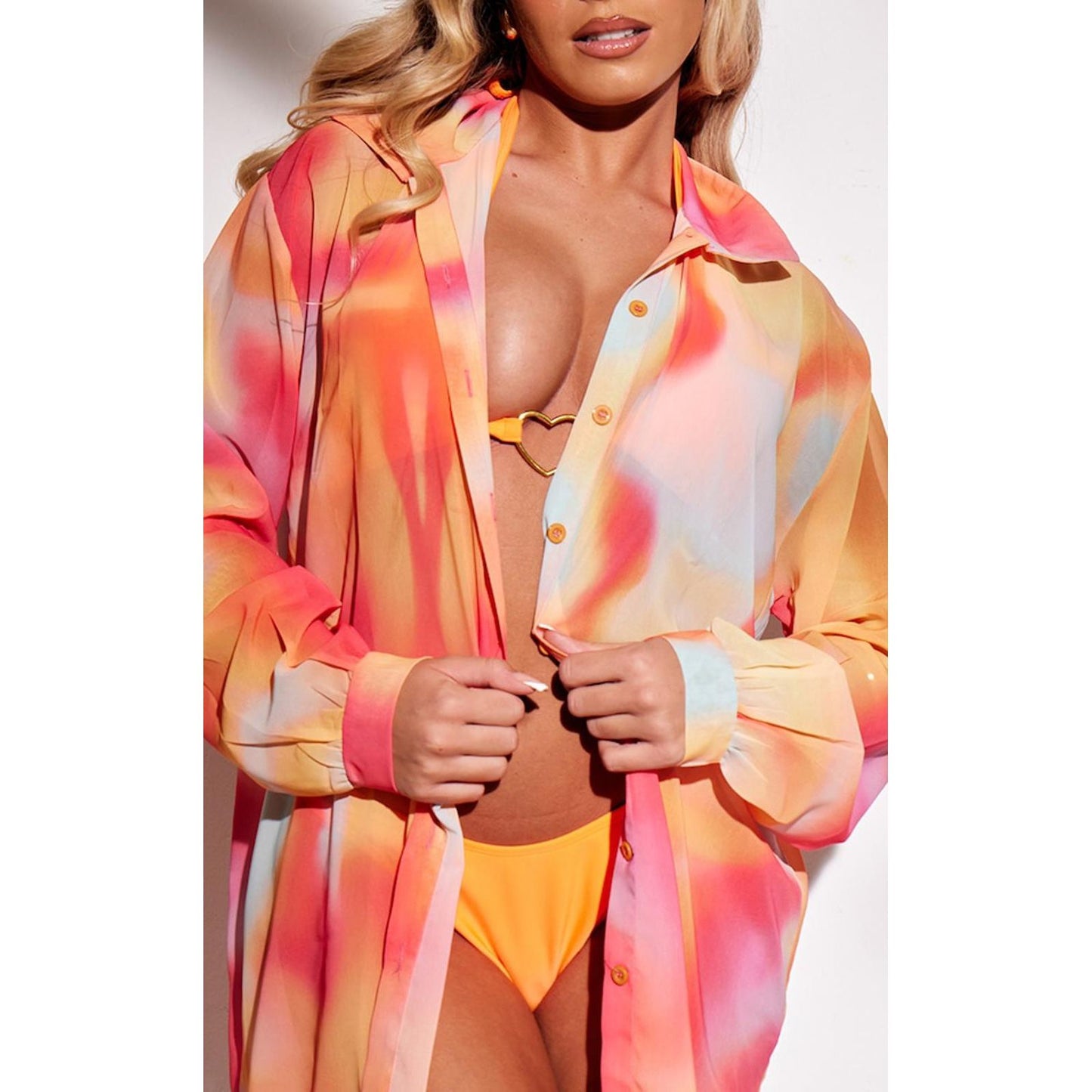 Prettylittlething Pink Abstract Printed Mesh Oversize Beach Shirt/8