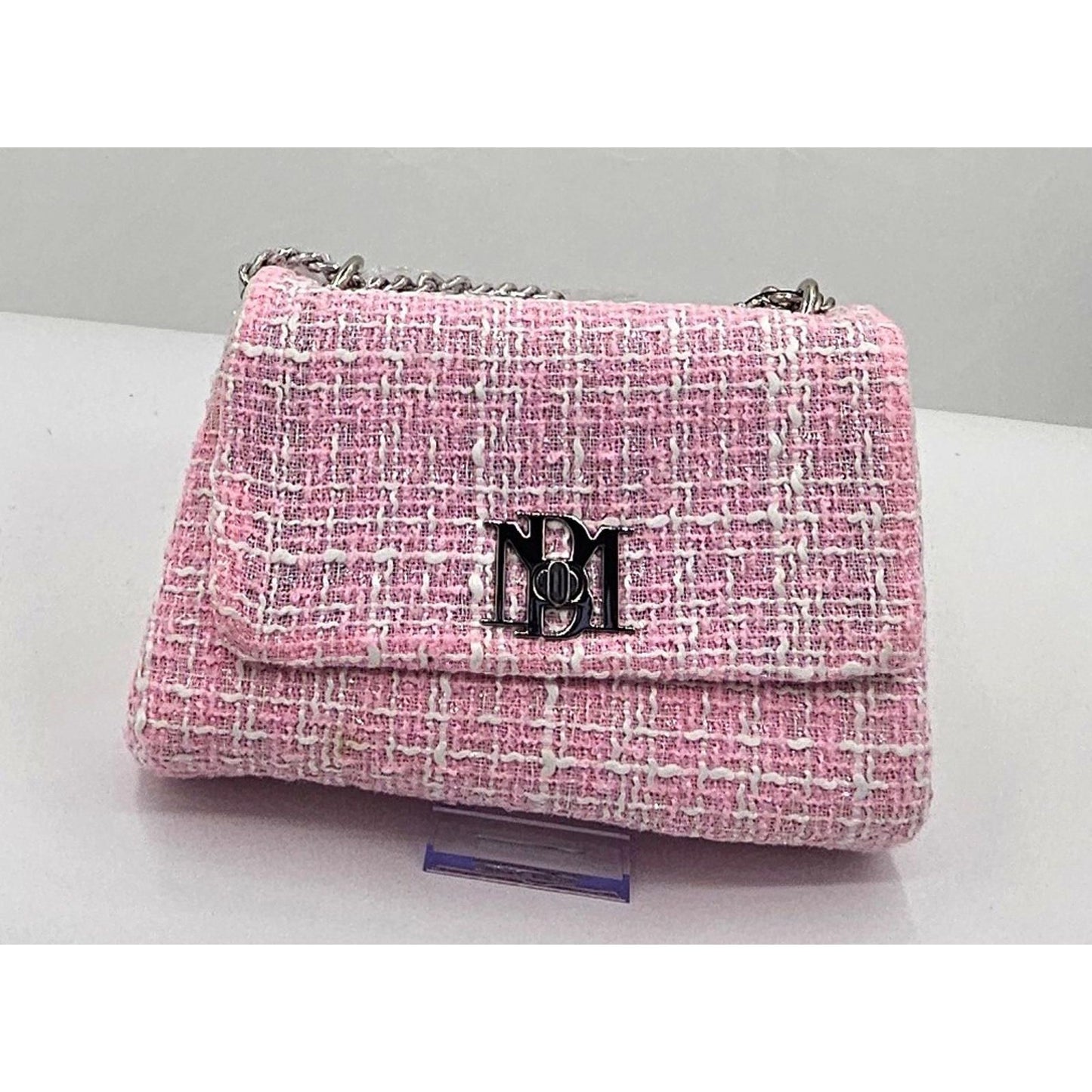 Badgley Mischka Chic Pink Tweed Shoulder Bag with Chain Strap