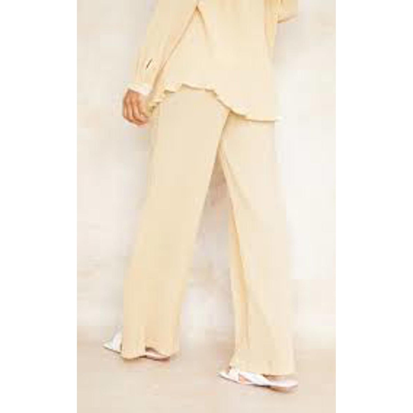 PrettyLittleThing Cream Plisse High Waisted Wide Leg Trousers/10