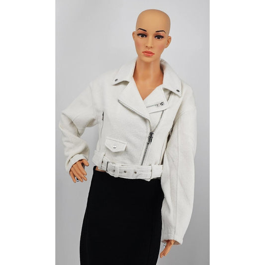 Chic White Faux Leather Moto Jacket with Belt/M