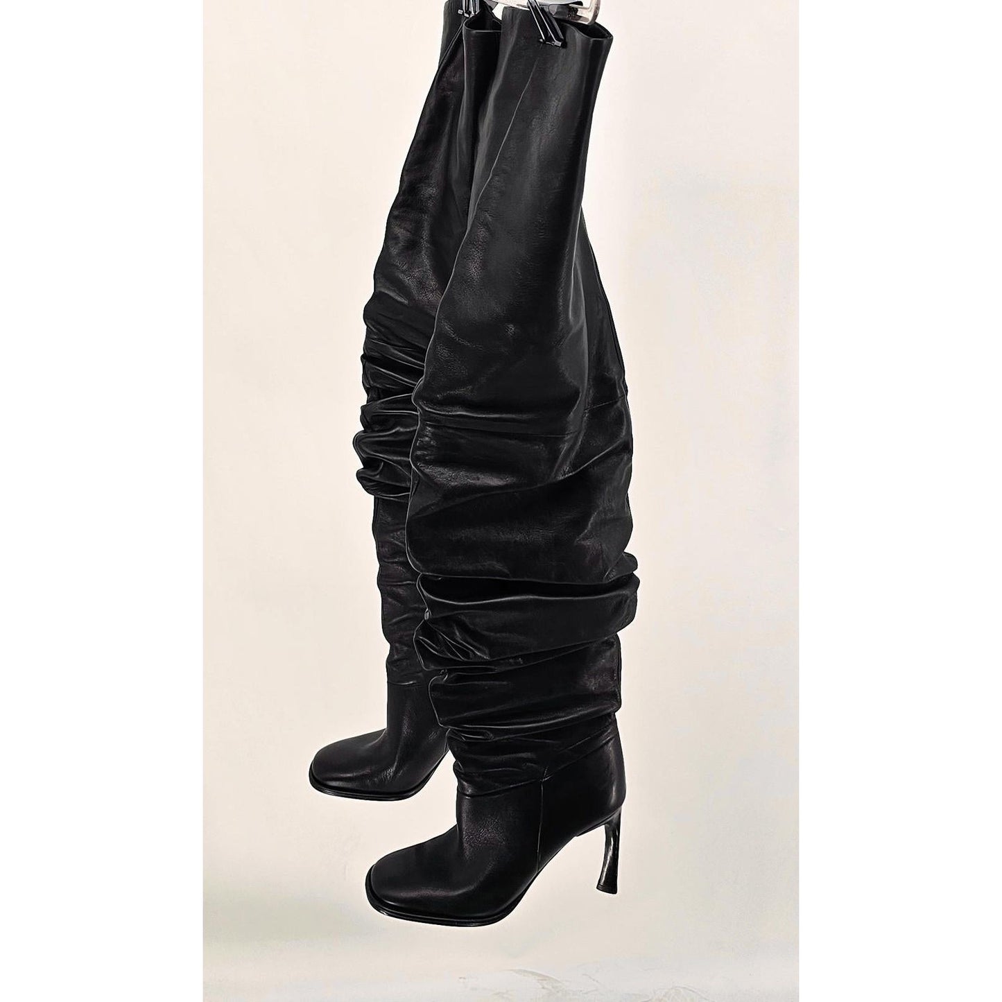 Michael Kors Sassy Black Over-the-Knee Ruched Leather Boots with Stiletto Heels