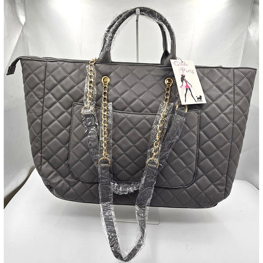 Gilda Paris Quilted Gray Tote Bag with Gold Chain Handles