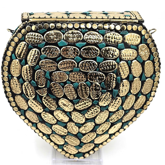 Ramla Glamorous Gold-Tone Studded Heart-Shaped Clutch Purse