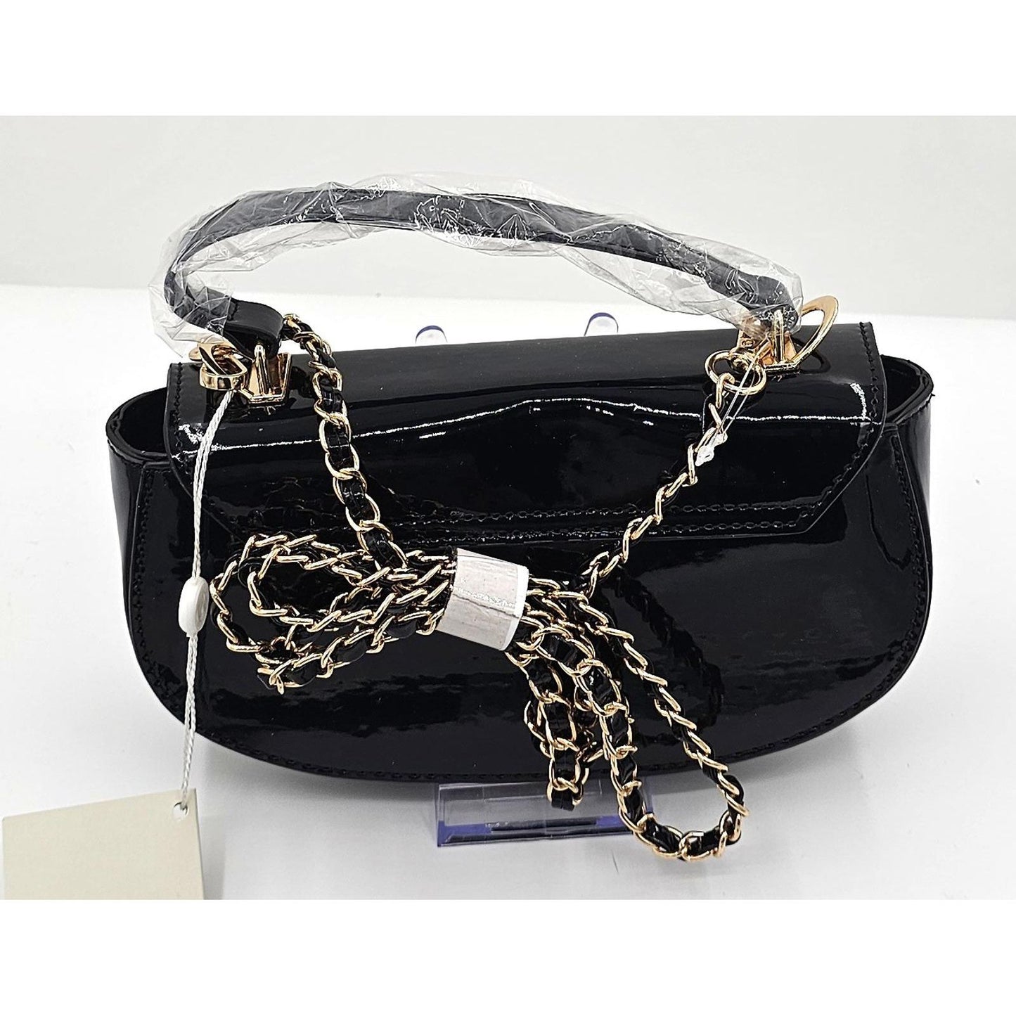 Glossy Black Valentino Orlandi Mini Bag with Chic Gold Chain