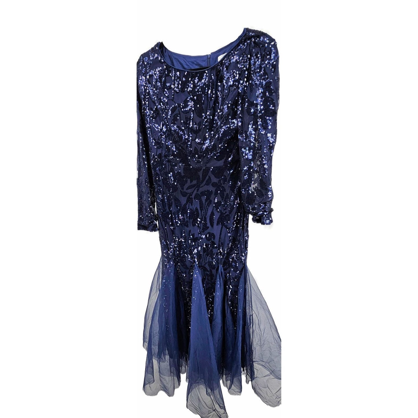 FaerieStyle Dazzling Navy Blue Sequin Evening Gown with Tulle Flair/XL