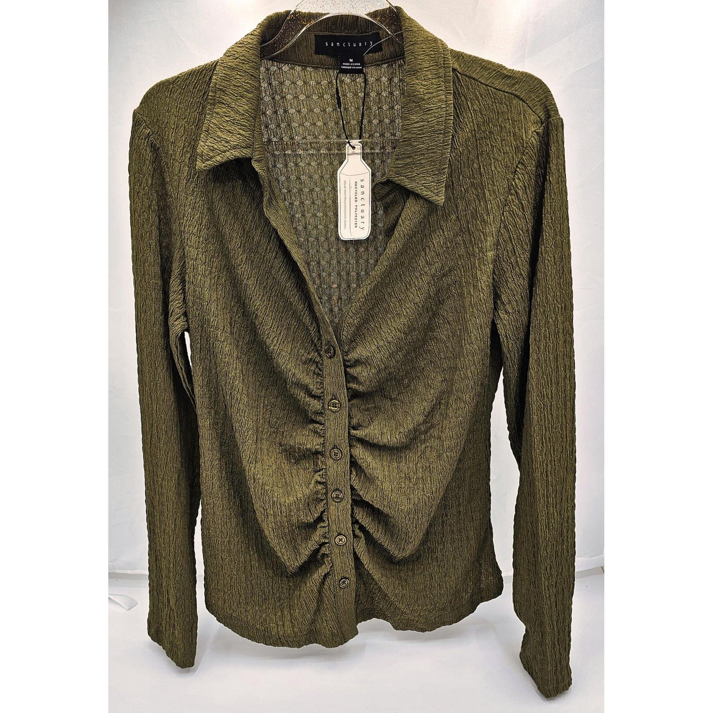 Sanctuary Textured Ruched Button-Up Blouse/Olive
