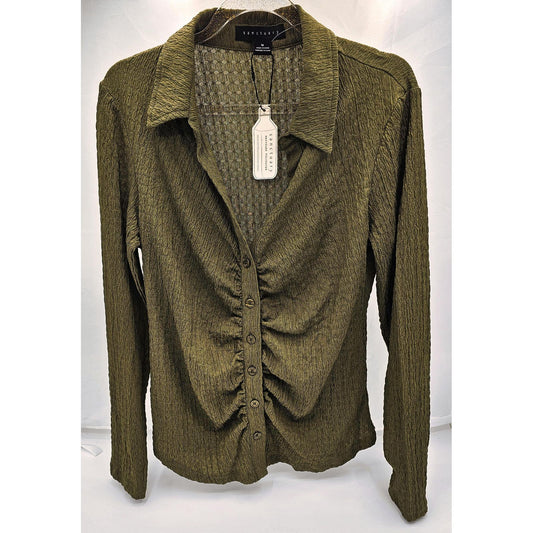 Sanctuary Textured Ruched Button-Up Blouse/Olive