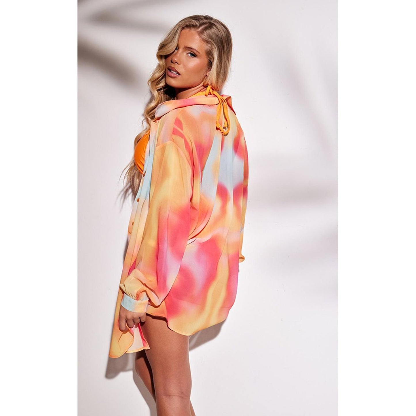 Prettylittlething Pink Abstract Printed Mesh Oversize Beach Shirt/8