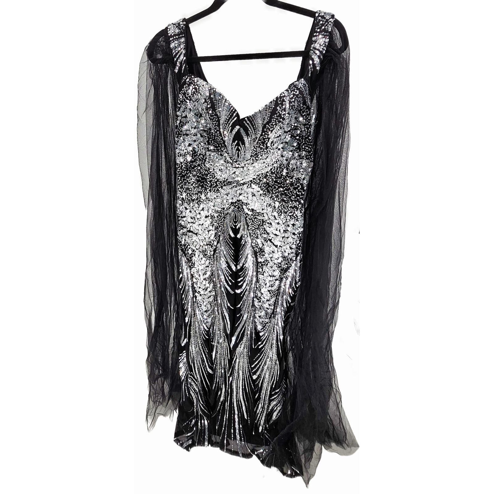 Faeriestyle Sequined Black Evening Dress with Dramatic Sheer Sleeves/XL