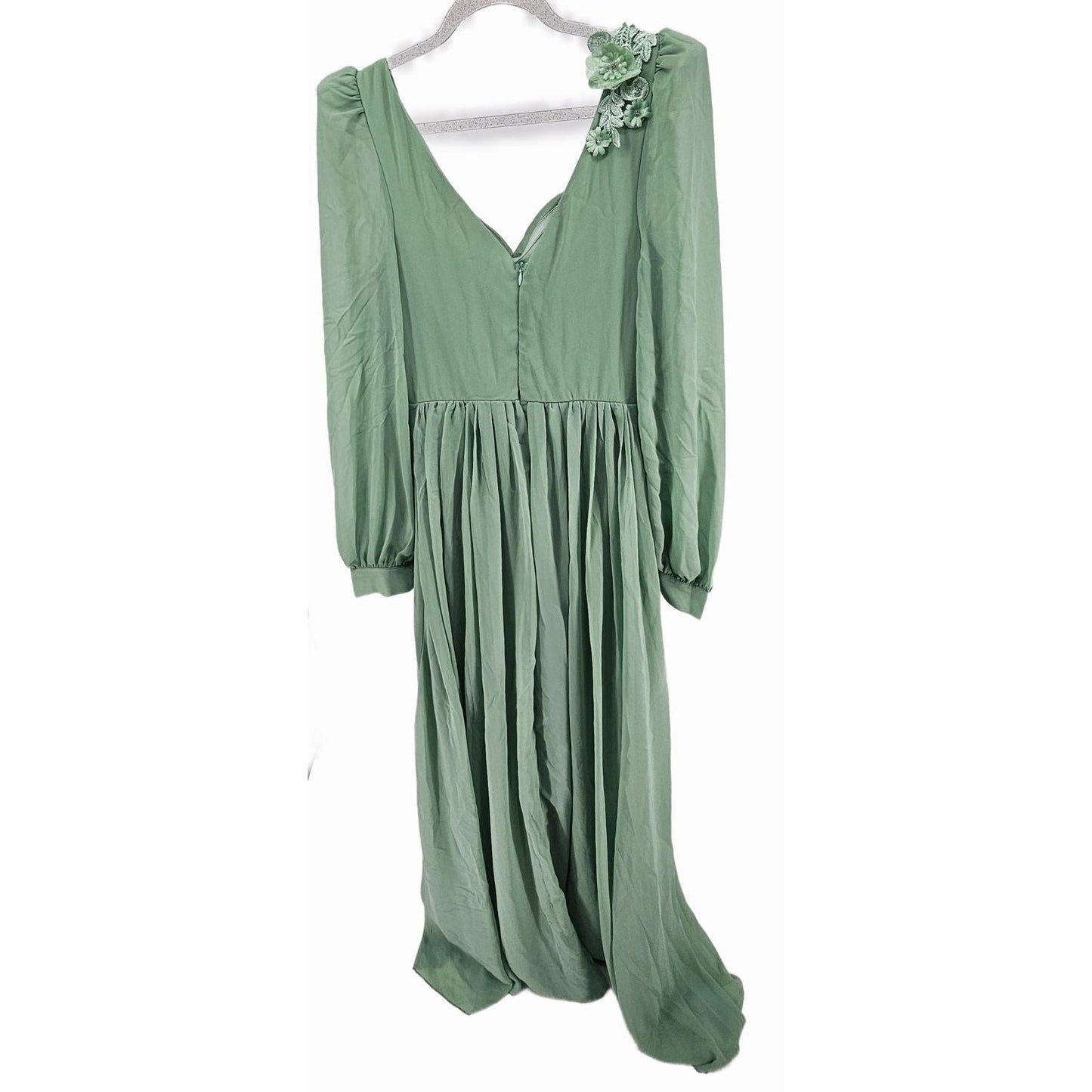 Faeriestyle Elegant Sage Green Long Sleeve Dress with Floral Appliques/XS