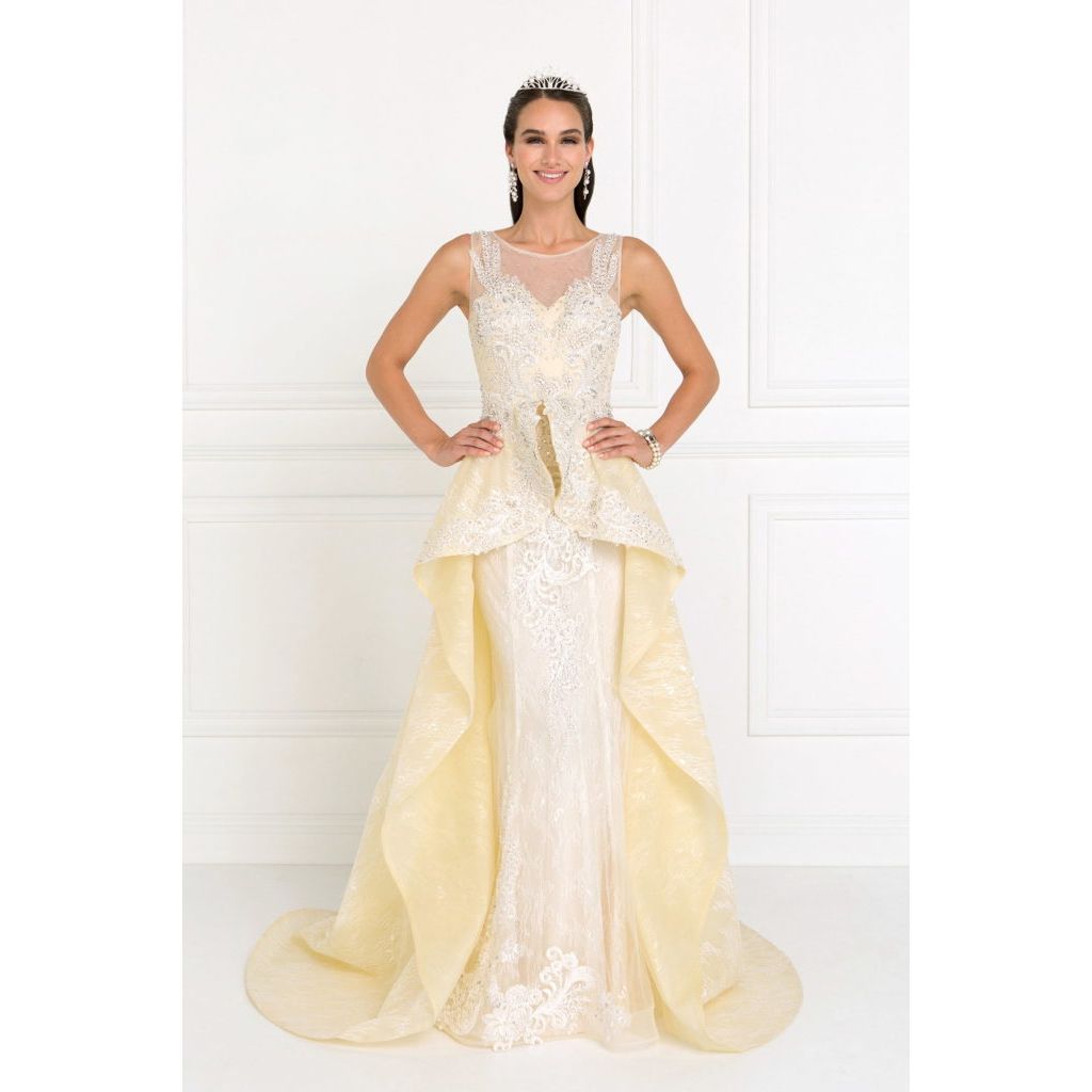Lace Illusion Sweetheart A-Line Long Dress with Organza Overlay-0