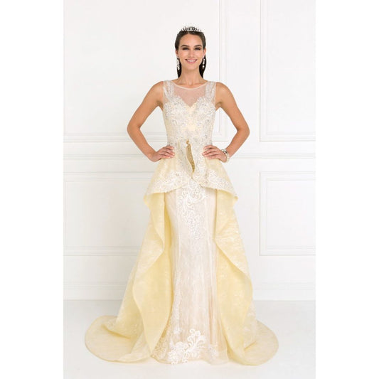 Lace Illusion Sweetheart A-Line Long Dress with Organza Overlay-0