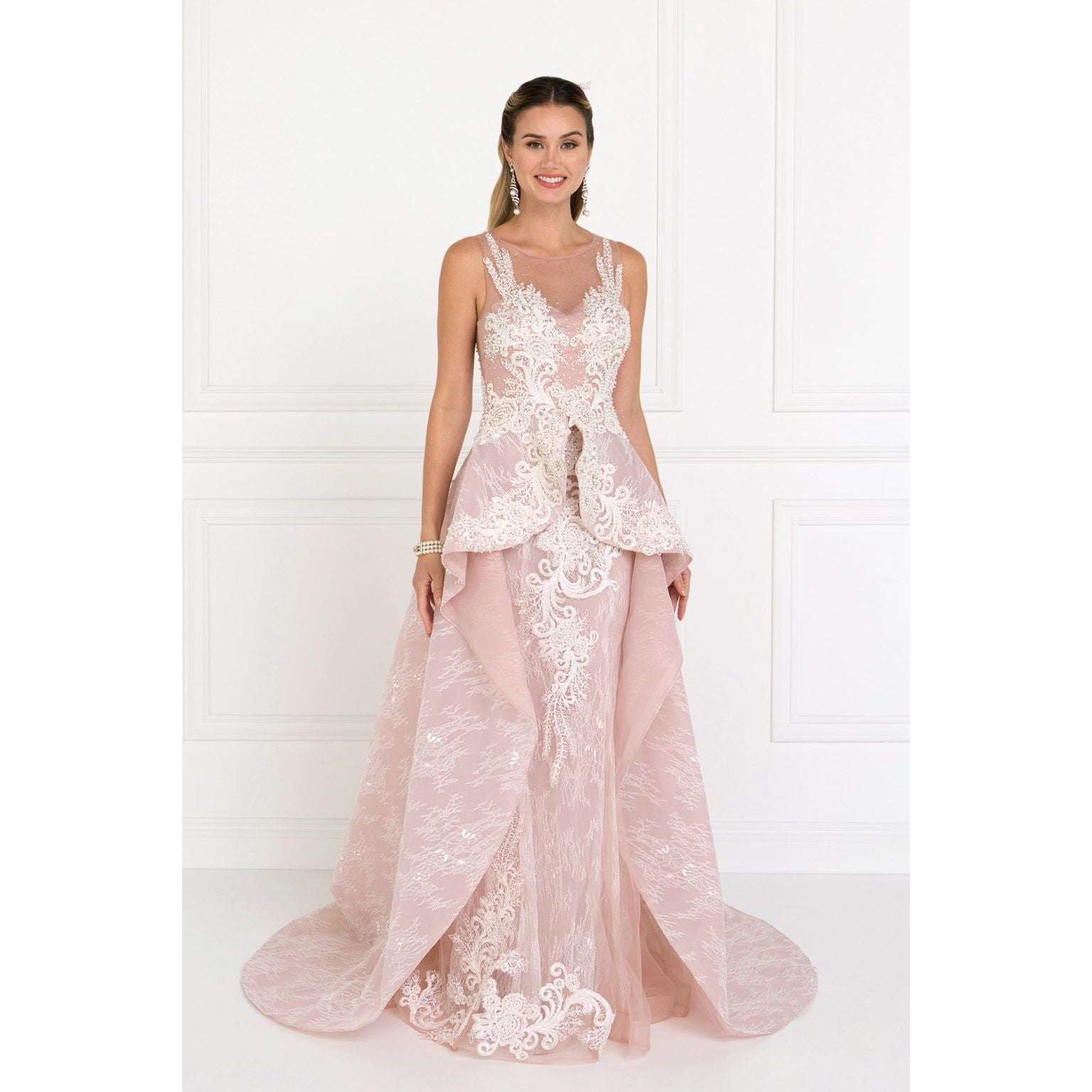 Lace Illusion Sweetheart A-Line Long Dress with Organza Overlay-2