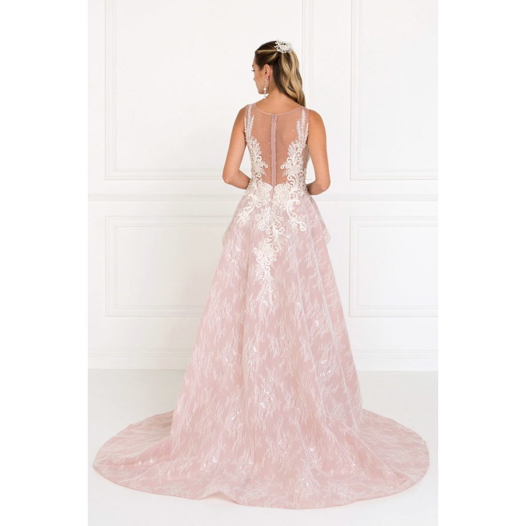 Lace Illusion Sweetheart A-Line Long Dress with Organza Overlay-3