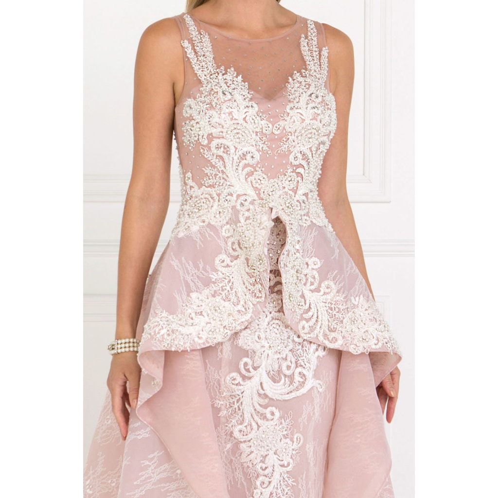 Lace Illusion Sweetheart A-Line Long Dress with Organza Overlay-4