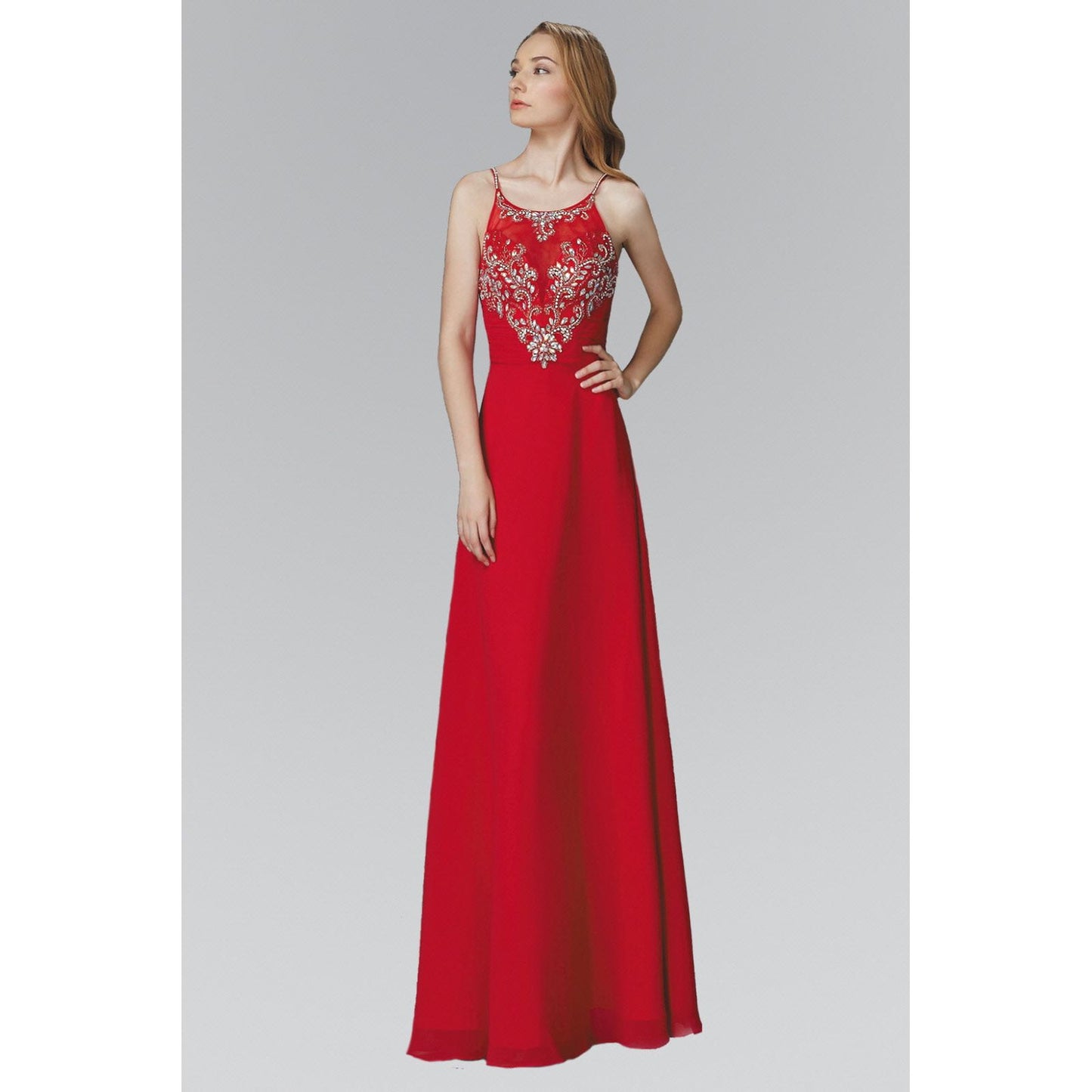Spaghetti Straps Long Chiffon Dress Accented with Bead and Jewel-5