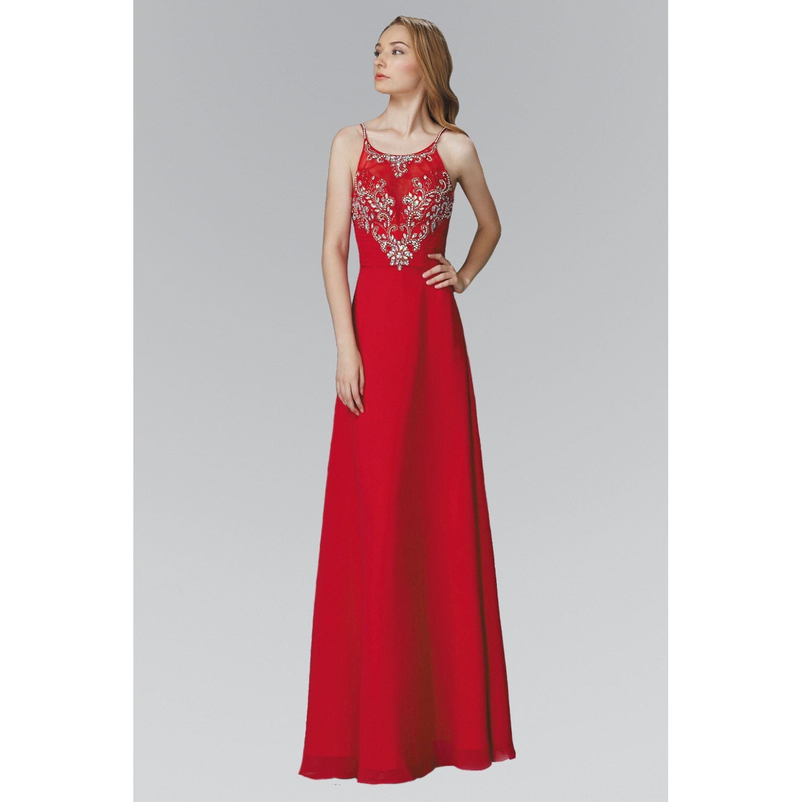 Spaghetti Straps Long Chiffon Dress Accented with Bead and Jewel-5