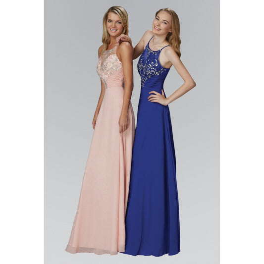 Spaghetti Straps Long Chiffon Dress Accented with Bead and Jewel-0