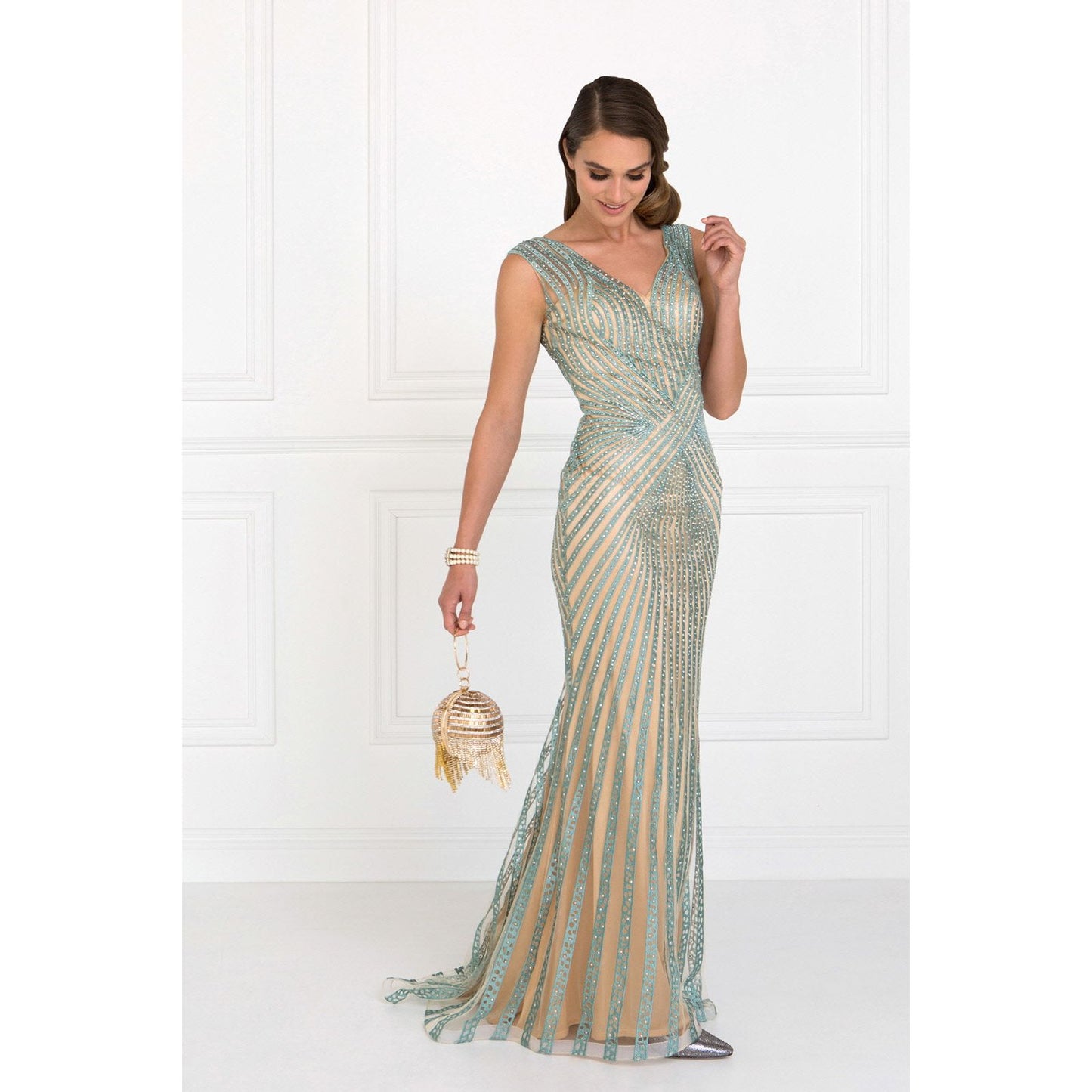 V-Neck Floor Length Dress with Rhinestone on Stripe-5