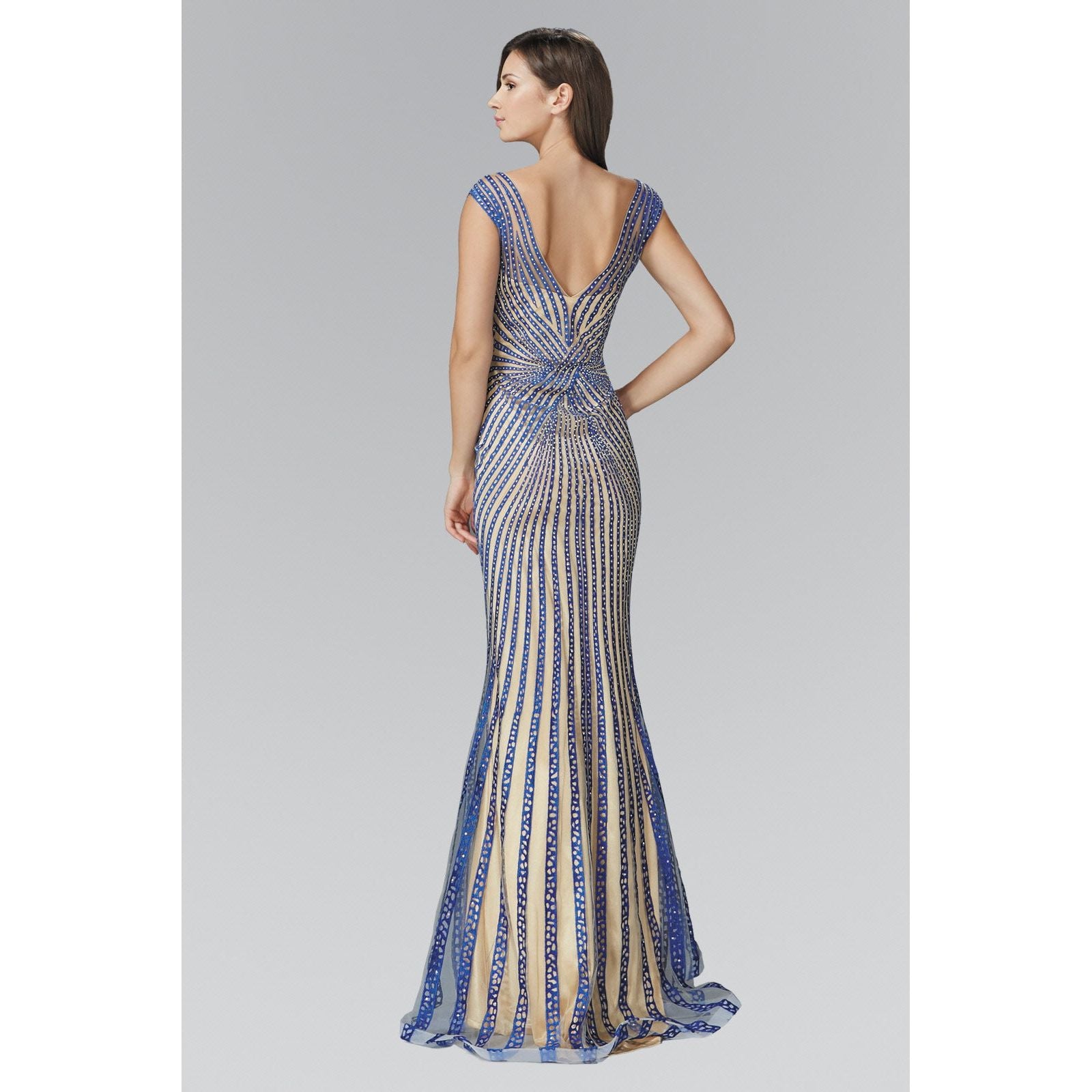 V-Neck Floor Length Dress with Rhinestone on Stripe-1