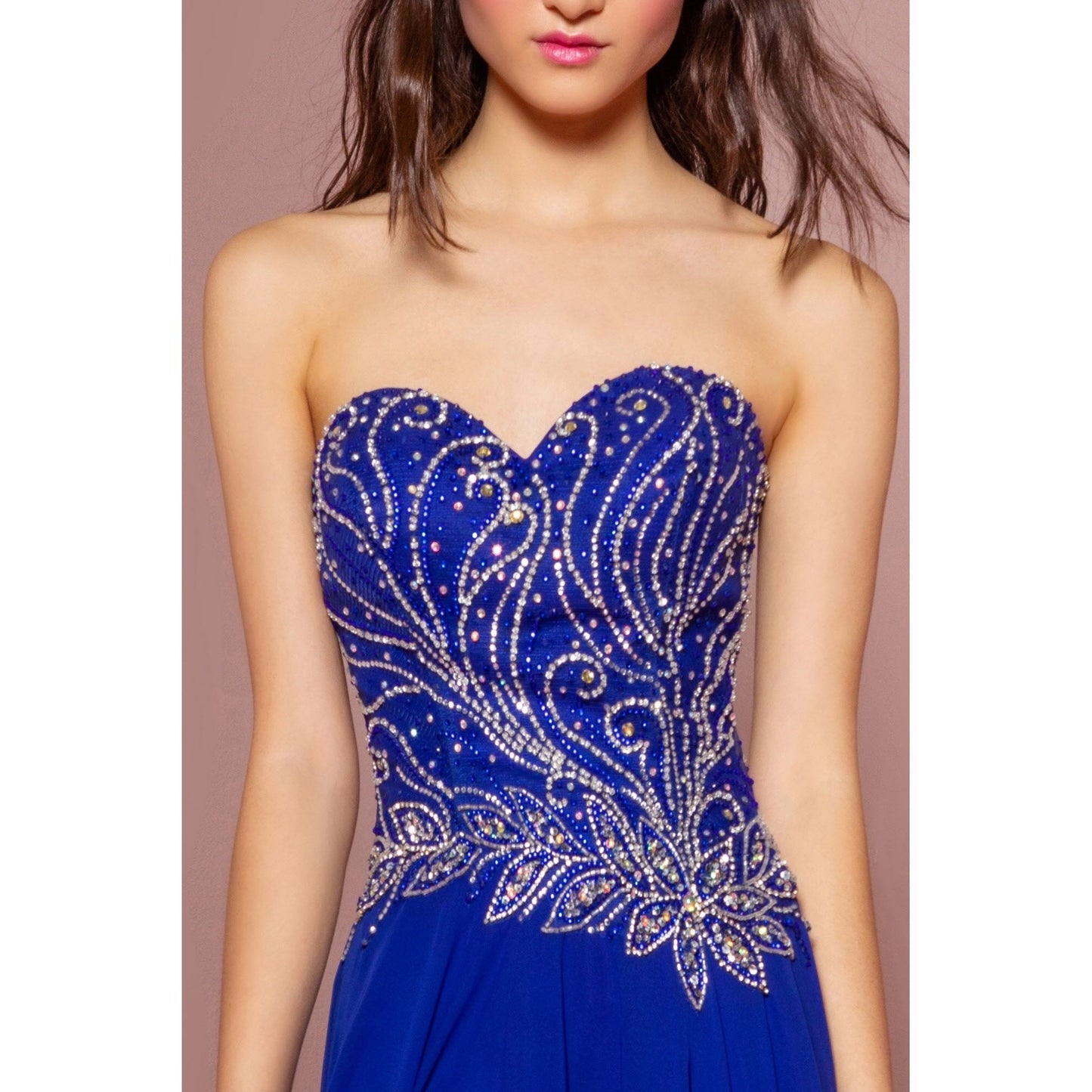 Strapless Sweetheart Chiffon Long Dress with Jewel Embellished Bodice-4