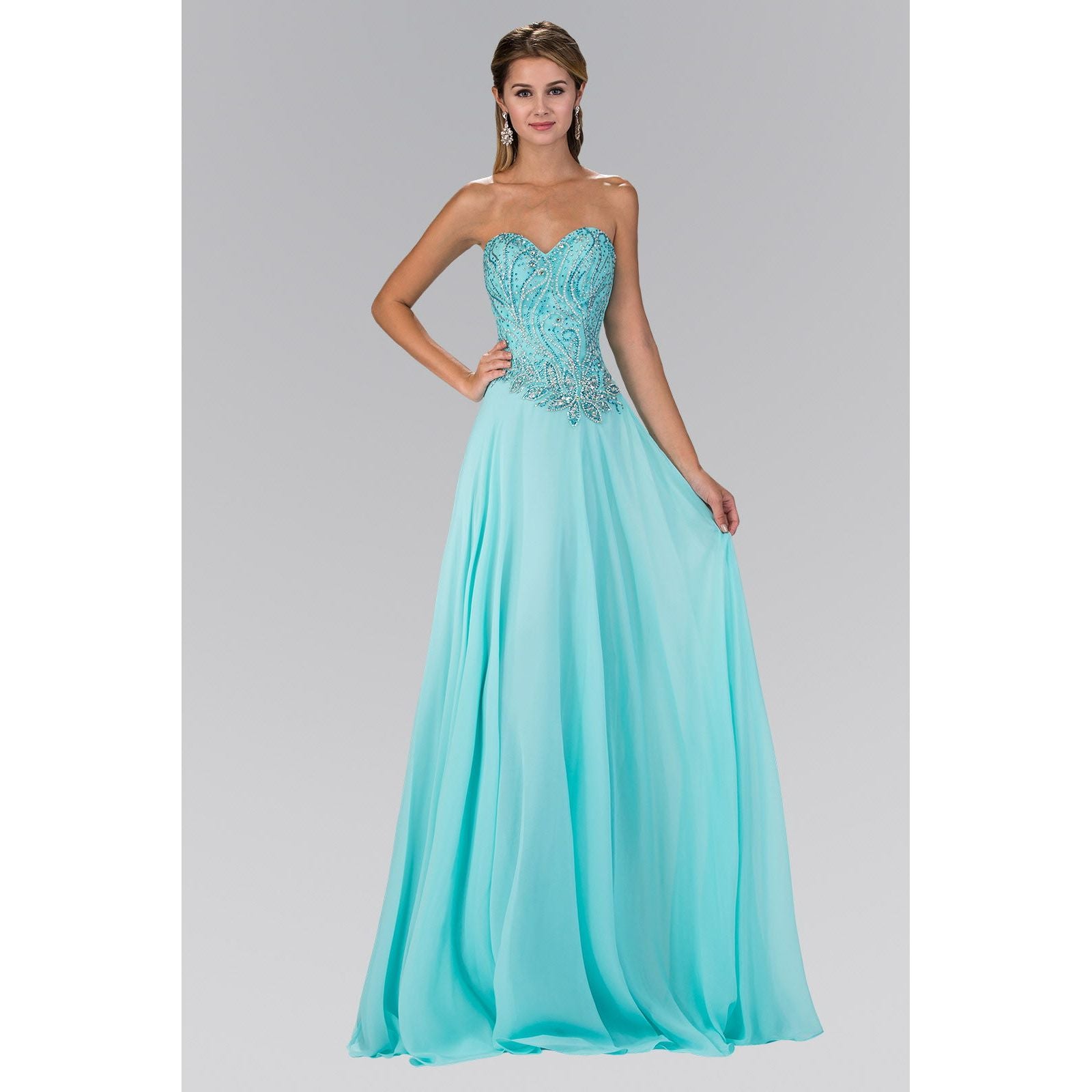 Strapless Sweetheart Chiffon Long Dress with Jewel Embellished Bodice-0