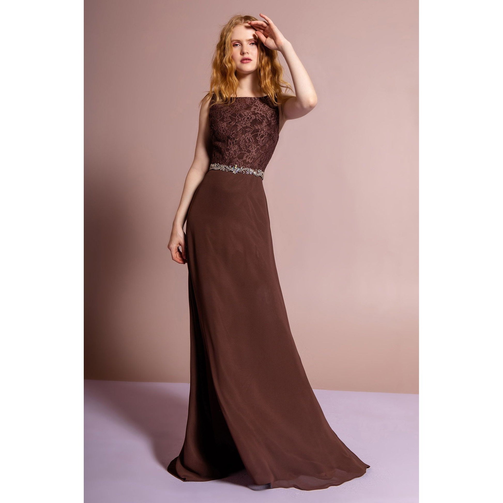 Chiffon Floor Length Dress Accented with Jewel Waistband-5