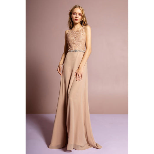Chiffon Floor Length Dress Accented with Jewel Waistband-0