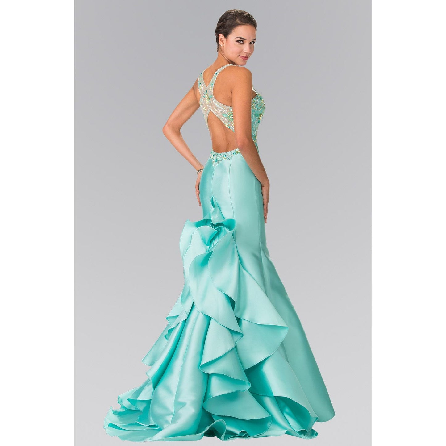 Ruffle-Back Sweetheart Mikado Dress Accented with Beading Details-1
