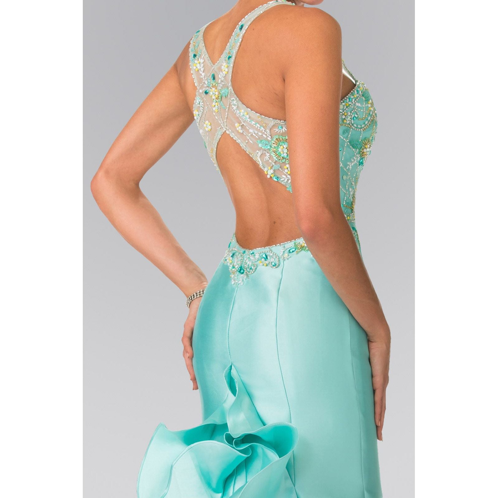 Ruffle-Back Sweetheart Mikado Dress Accented with Beading Details-3