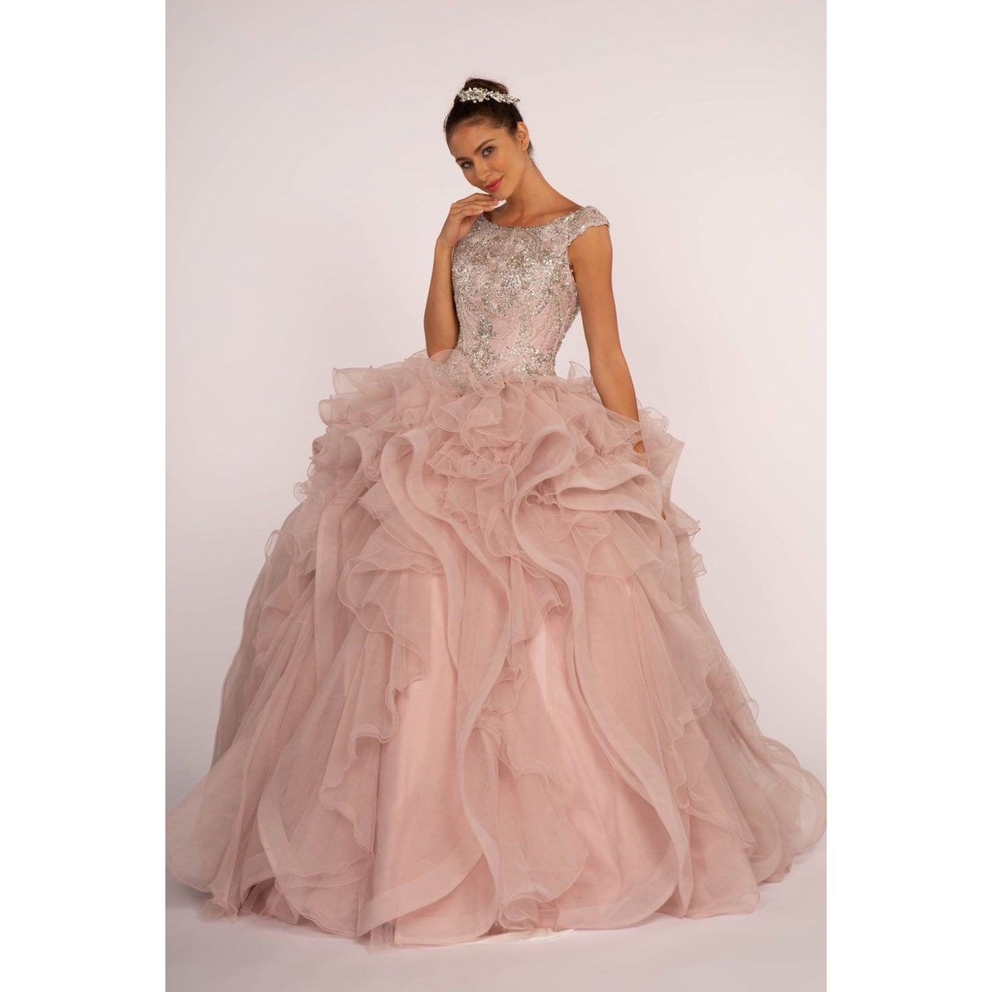 Beads and Sequin Embellished Bodice Boat Neck Ball Gown-0