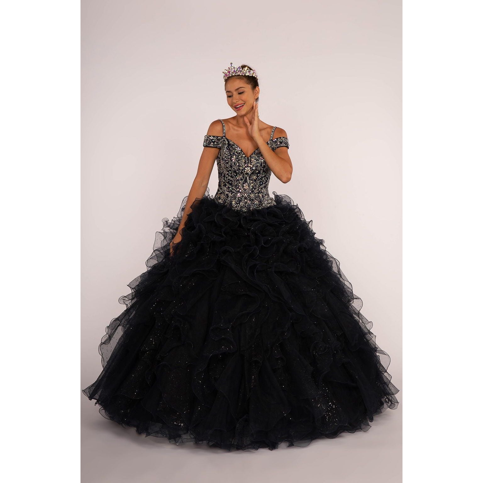 Jewel Embellished Cut-Away Shoulder Ruffle Skirt Quinceanera Dress-0