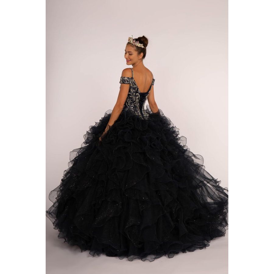 Jewel Embellished Cut-Away Shoulder Ruffle Skirt Quinceanera Dress-1